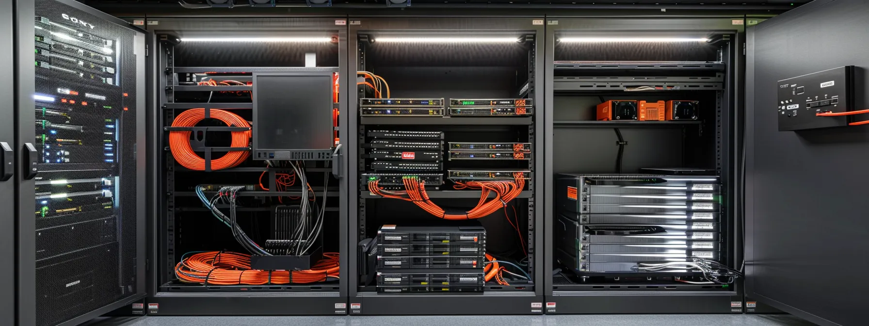 a sleek and modern server room filled with racks of blinking lights and fiber optic cables, showcasing the intricate technology behind iptv.