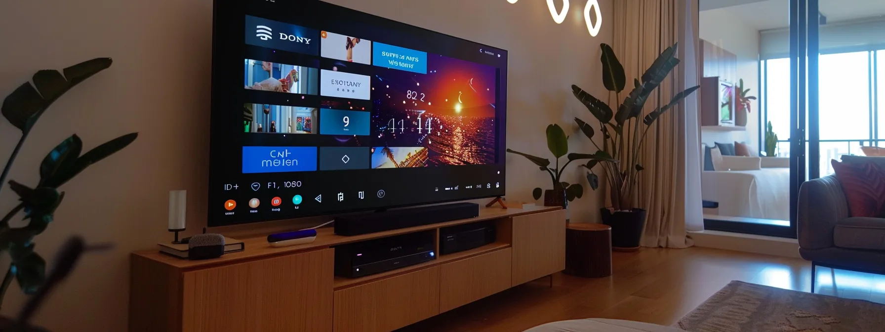 a sleek, modern living room setup displaying crystal-clear 4k live streaming iptv service on a large smart tv screen.