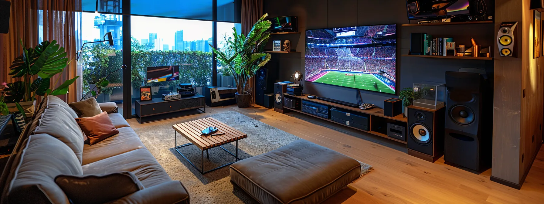 a sleek, modern living room setup with a large, high-definition tv displaying a vibrant sports channel from streamcobra4k, surrounded by cozy furniture and high-speed internet equipment.