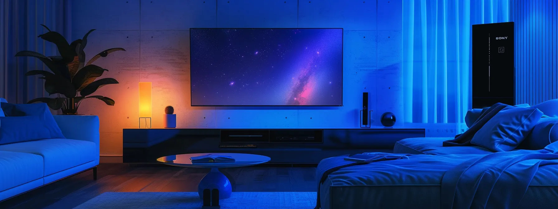 a sleek, modern living room setup featuring a large 4k tv streaming crystal-clear content from streamcobra4k, outshining other iptv services.