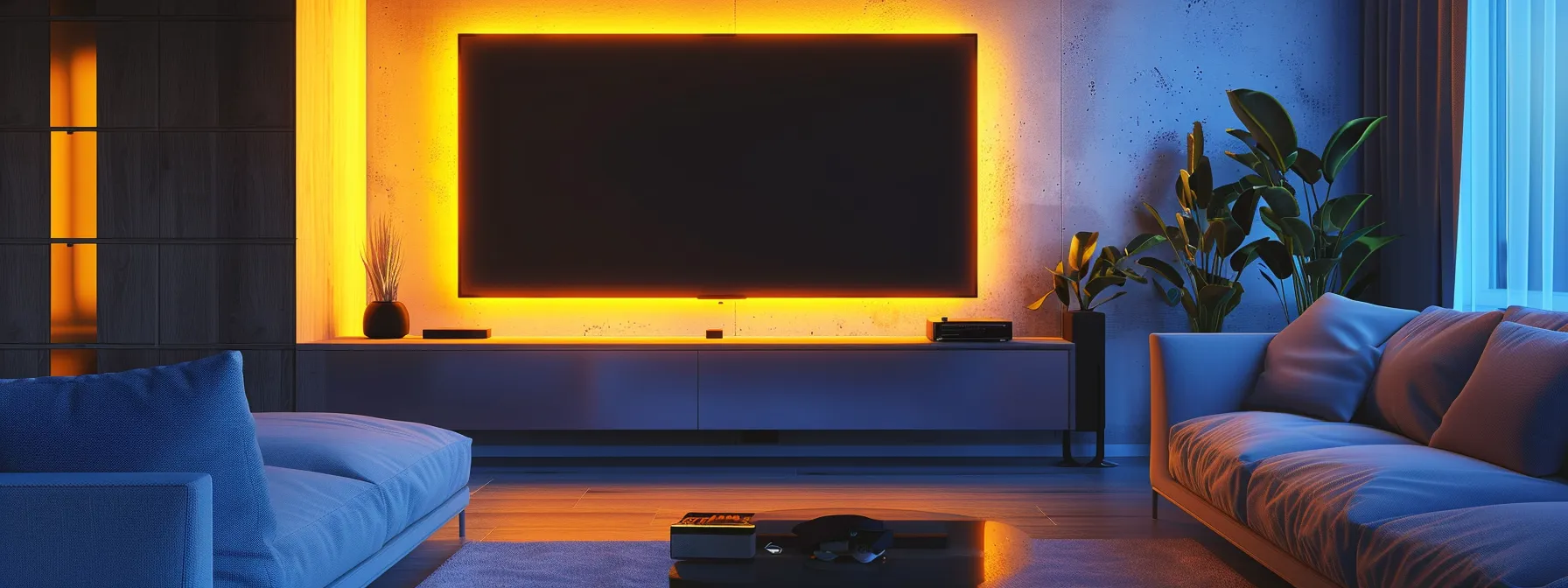 a sleek, modern living room with a state-of-the-art 4k ultra hd iptv device displayed on a minimalist entertainment center.