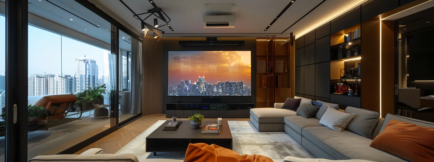 an ultra-modern living room with a sleek, wall-mounted iptv screen contrasting with a traditional satellite tv dish outside.