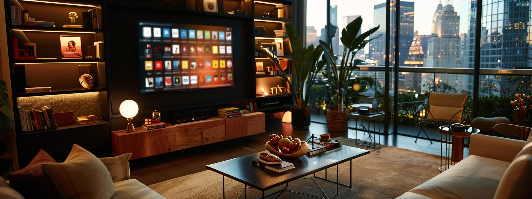 capture a sleek, modern living room setup with a large screen tv streaming cobra iptv, showcasing the various subscription packages and payment options available.